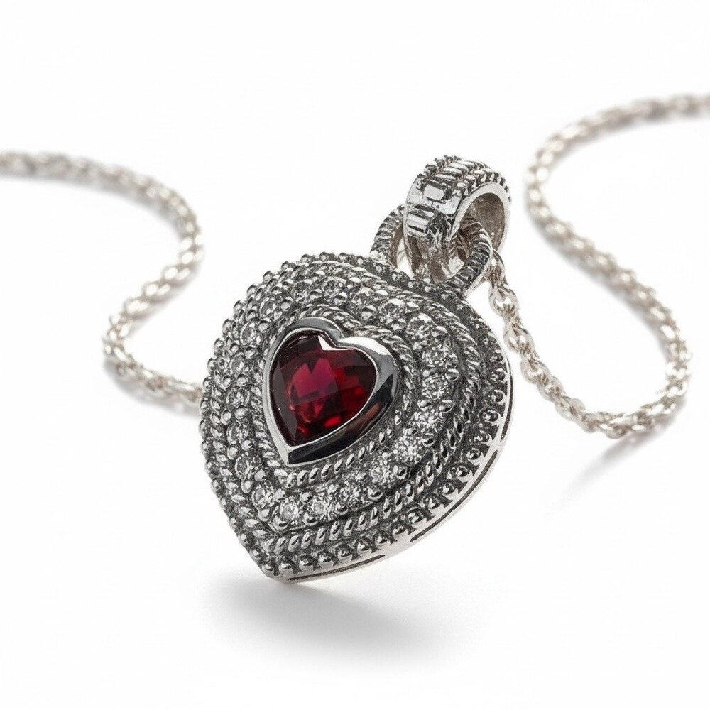 Judith Ripka Sterling Silver Ruby Red Garnet & CZ Heart Pendant 925 Necklace EXC